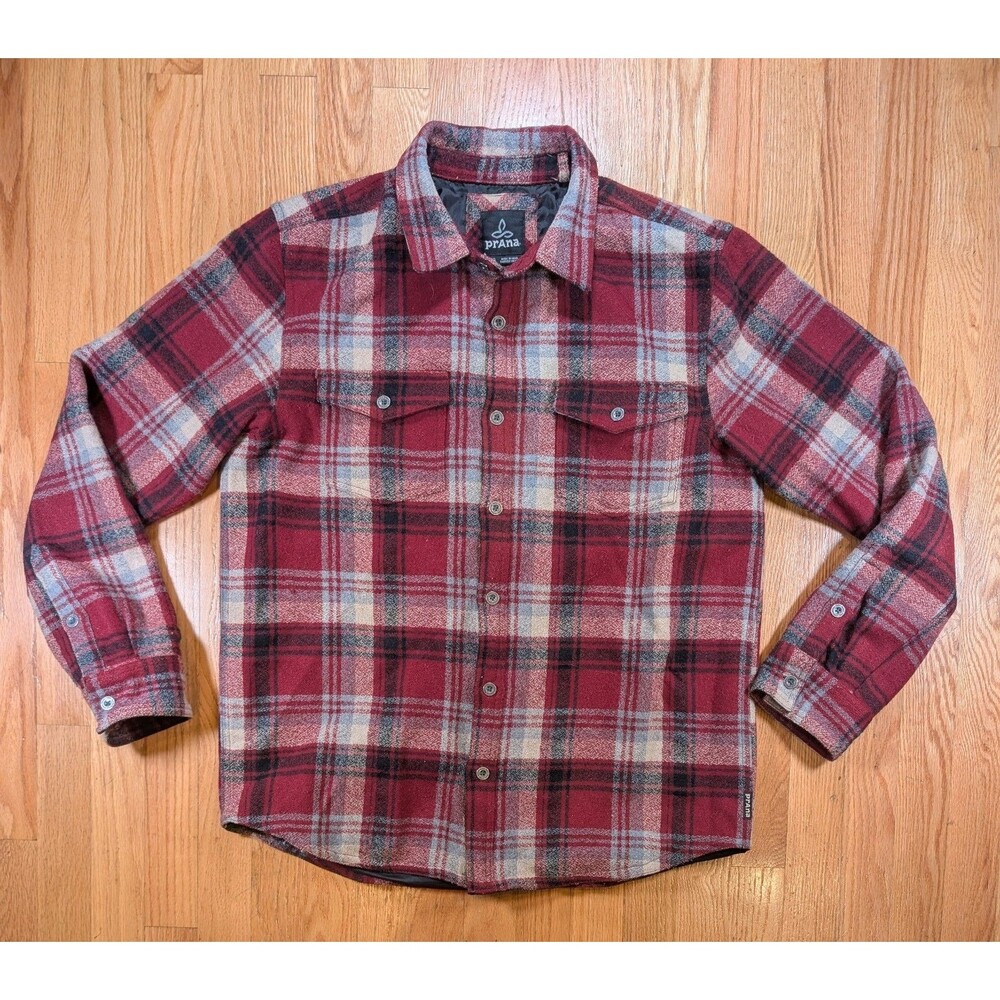 prAna Wool Blend Jacket Shacket Full Zip Button Men Large Red Plaid Flap Pockets